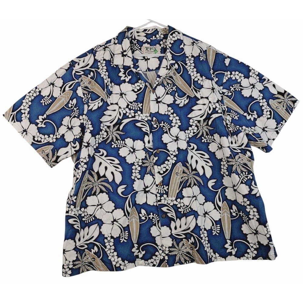 Vintage KY'S Hawaiian Shirt Men's 3XL Blue Made‎ USA Hawaii Floral Short Sleeve